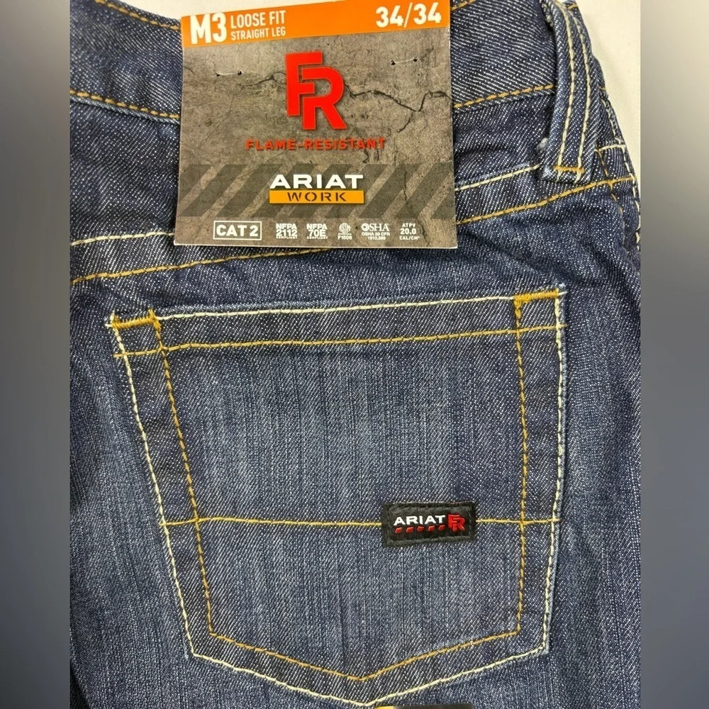 NWT Ariat Men's FR M3 Loose Fit Straight Leg Jeans in a Dark Wash | Size 34x34